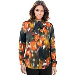 Mark & James x Badgley Mischka Black Multicolor Watercolor Tie-Neck Blouse